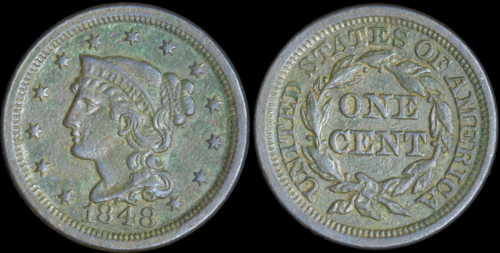 1848 geflochtenes Haar großer Cent, extrem feine Details, dunkel, kostenloser Versand, C6327 - Bild 1 von 3