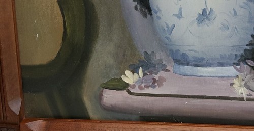 Vintage Original Oil Painting Flowers In Blue White Vase Framed Canvas D. Goetz - Picture 6 of 12