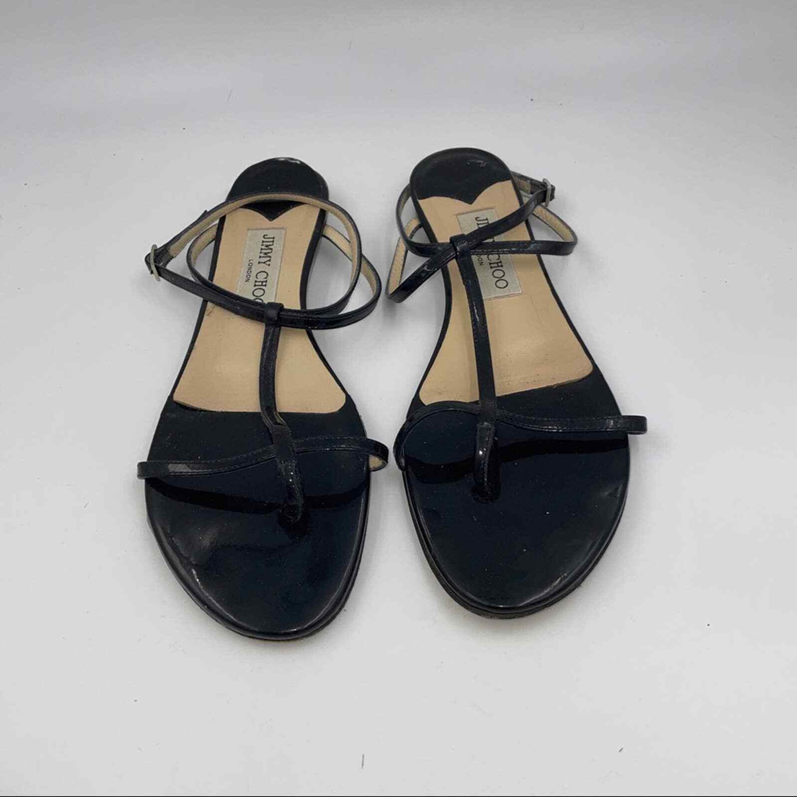 Jimmy Choo Black Patent Leather T-Strap Ankle Wrap Flat Sandals EU 37.5 |  eBay