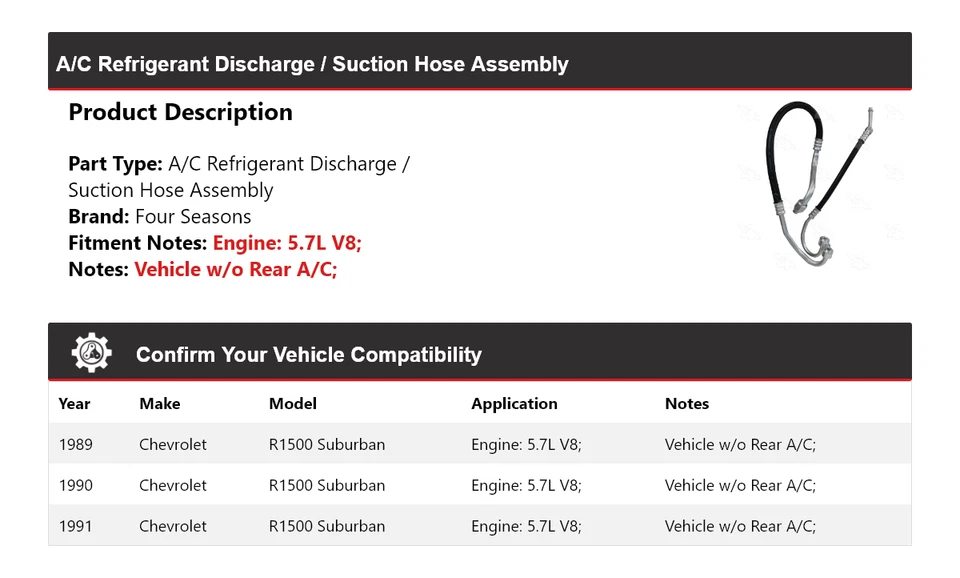 For 1989-91 Chevrolet R1500 Suburban Discharge/Suction Line Hose Assy 4 Seasons - Image 2 of 4