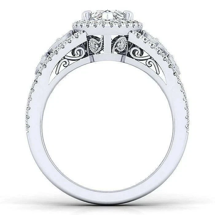 Anillo de boda nupcial de diamantes estilo Art Deco creado en laboratorio para ella oro blanco de 14K FN Foto 3 de 4