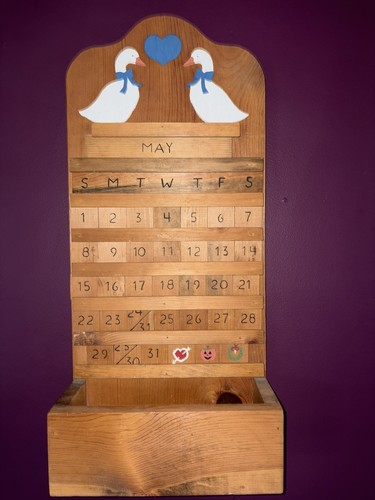 Vintage Wood Perpetual Calendar Blue Ribbon Goose 80s 90s Country Decor Complete