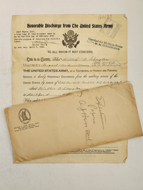 1919 antique WWI US ARMY AIR SERVICE DISCHARGE hartford ct WILLIS F CLAYTON