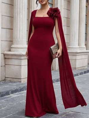Plus Size Red Mermaid Maxi Dress1XL 2XL 3XL Square Neck 3D Floral Luxury Evening