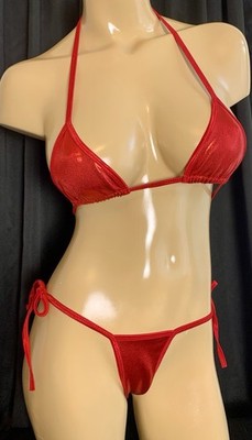 Rave Exotic Dancer thong bikini Metallic Red Tie Side Micro Top