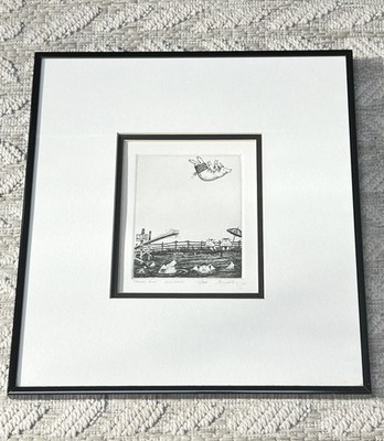 Signed Dale Bradley ''Swine Dive'' Pig Mud Etching Framed Art Whimsical 12x13''