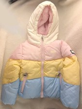 DKNY Sport Toddler Girls Puffer Jacket 3T Pastel Colorblock Hooded Faux Fur...