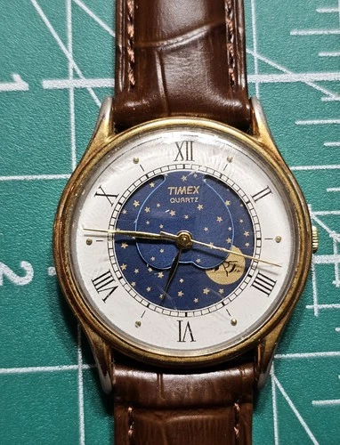 Vintage Timex M Cell Elegant Moon Phase Dial Mens Watch New Battery