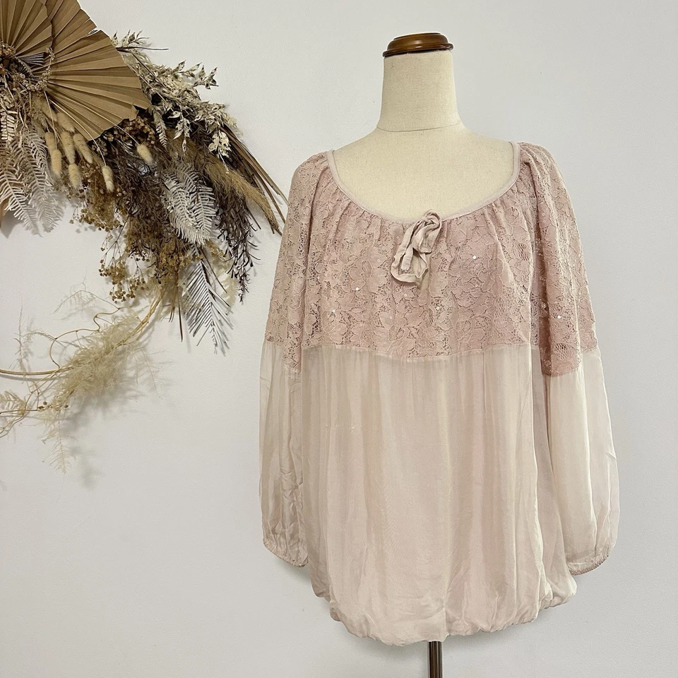Imagine Silk Overlay Top Lace Pink Balloon Sleeve ONE SIZE Boho - image 2 of 4