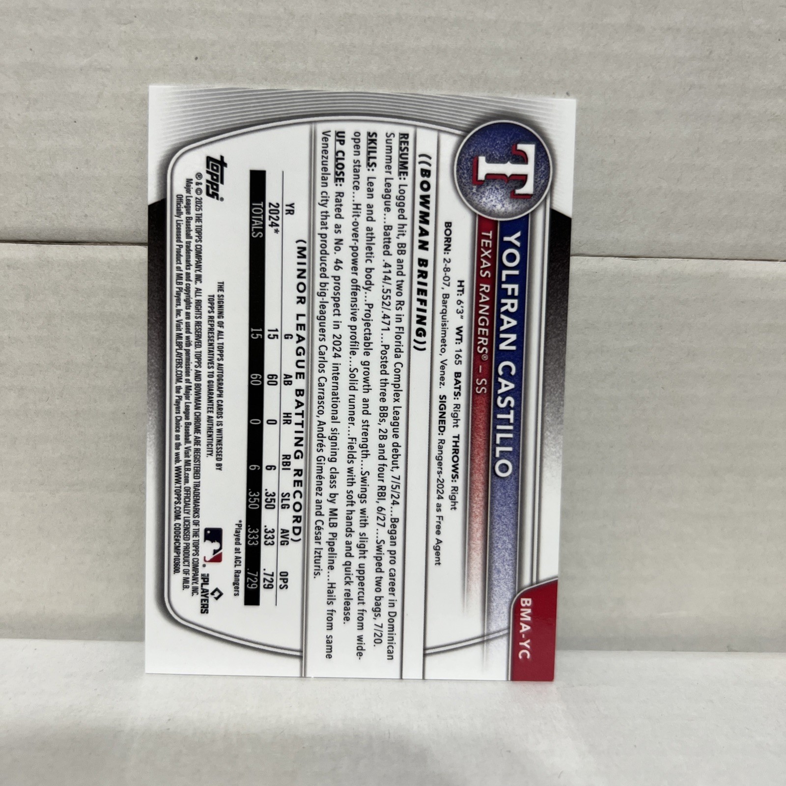 YOLFRAN CASTILLO 2025 Bowman Chrome Mojo Refractor SP Auto RANGERS #BMA-YC /199