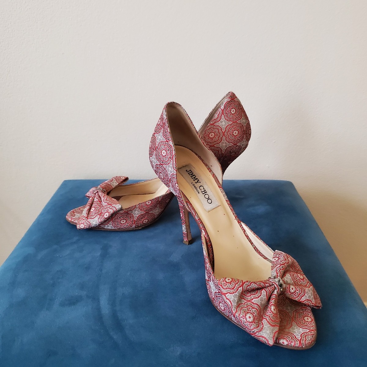 Jimmy Choo Silk Brocade Printed Bow Accents D'Orsay Pumps Red