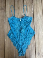 Vintage Alana Gale Blue Lace Trim Nylon Lingerie Teddy Size M Front Tie