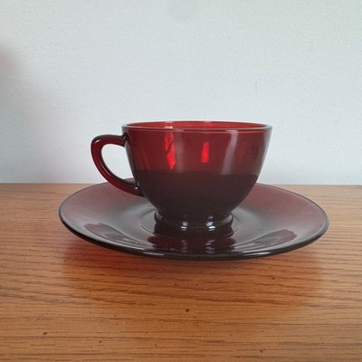 Vintage Ruby Red Anchor Hocking Red Glass Tea Cup and Saucer Set MCM