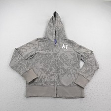 American Eagle Hoodie Womens Large Gray Floral Fleece Quilted Sweatshirt Zip Y2K
