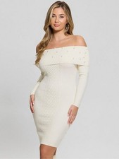GUESS Off-The-Shoulder Embellished Cable-Knit Dress Womens M Dove White Pullover