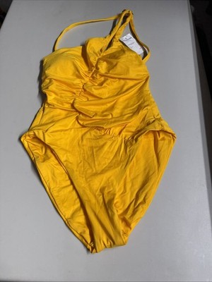 SOLUNA RUCHED Sheer Delight ONE SHOULDER One-Piece SWIMSUIT yellow gold size S