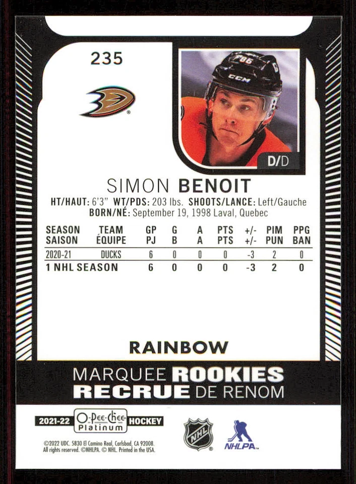 2021-22 O-Pee-Chee Platinum #235 Simon Benoit RC - Image 2 of 2