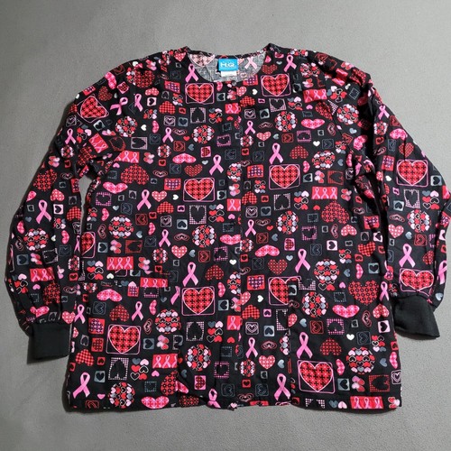 H.Q. SCRUB TOP Women's Black & Pink Breast Cancer Ribbons & Hearts Size MEDIUM