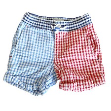 Mini Boden Boys Size 4 Smart Roll-Up Shorts Rockabilly Red Celeste Blue Gingham
