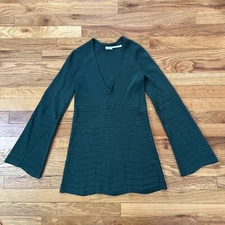 LEON MAX Limited Edition Green V Neck Bell Sleeve Tunic Top Size XS