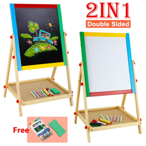 Kids 2 in 1 Wooden Blackboard Whiteboard Children Art Easel Chalk Drawing Board - Picture 2 of 14