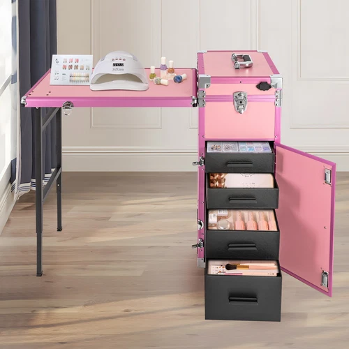 Rolling Manicure Table Nail Desk Travel Train Case Cosmetic Trolley & Speaker US