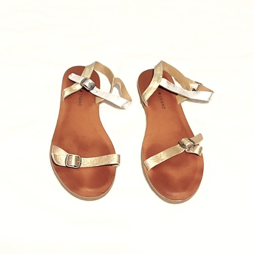 Lucky Brand flache Leder Sandalen Metallic Gold Silber Knöchelriemen Größe 8 - Bild 6 von 8