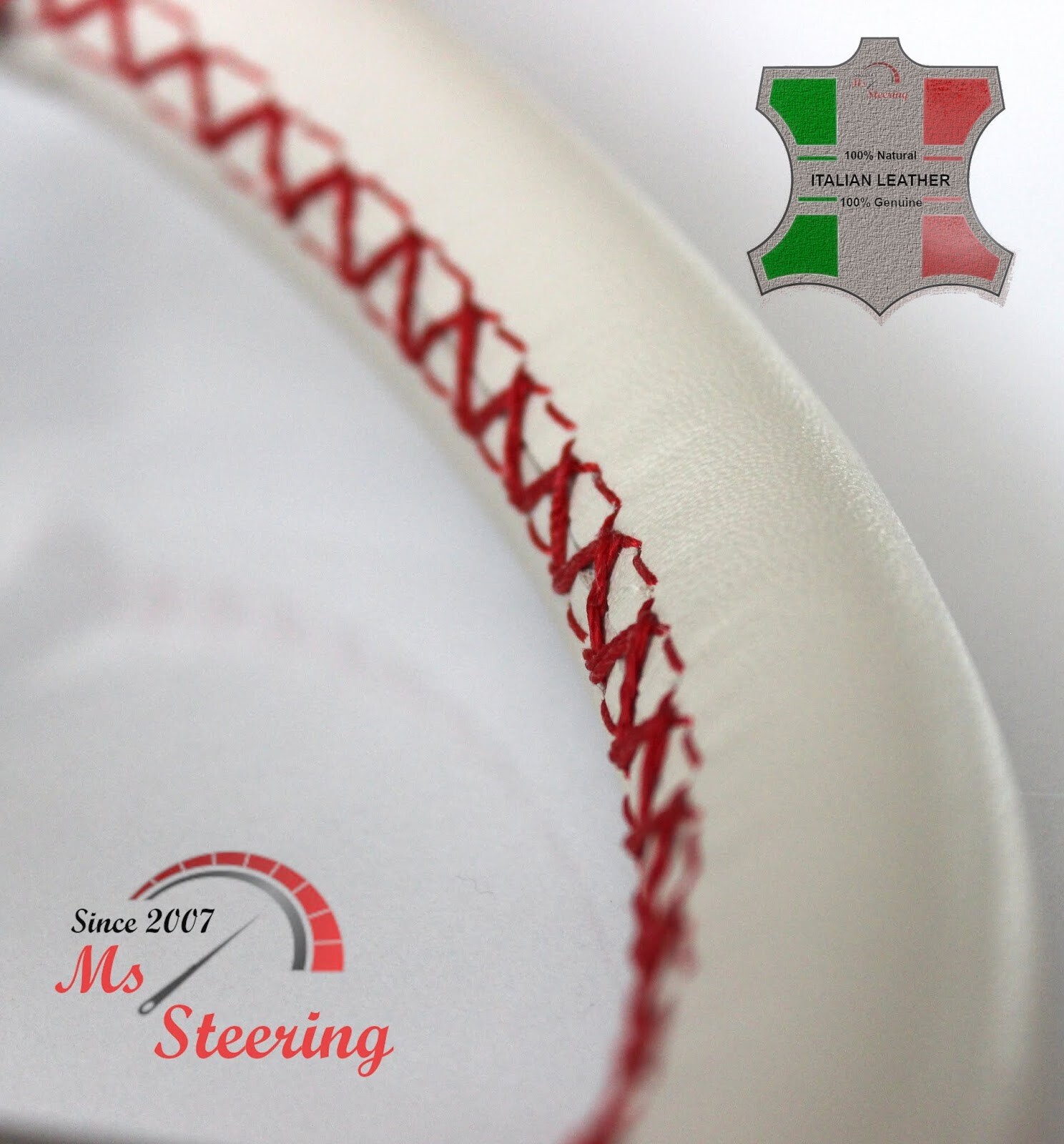 FUR INFINITI QX 13-13 CREAM LEATHER STEERING WHEEL COVER, RED 2 STIT