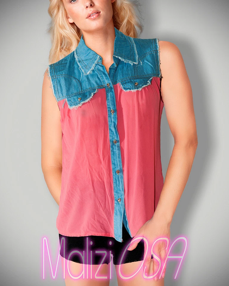 Camisa Sin Mangas Mujer MADE IN ITALY Denim 100% Algodón Negra Rosa Beige - Imagen 1 de 1