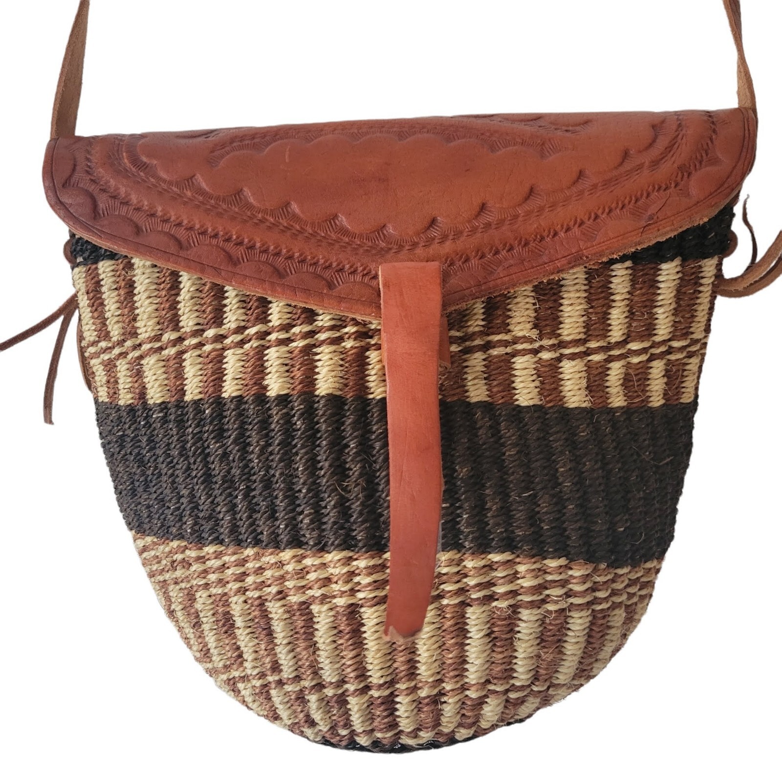 Vintage Sisal Jute Crossbody Market Bag Leather Saddl… Gem