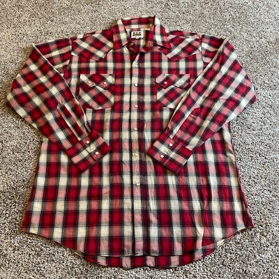 Vintage Ely Cattleman Shirt Mens Large Red Plaid Pearl Snap Rodeo Western