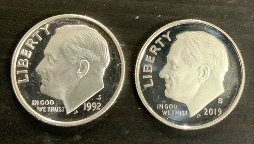 Lot (2) 1992-S, 2019-S Roosevelt Olive Branch 10C Ten Cent Silver Dime - Proof