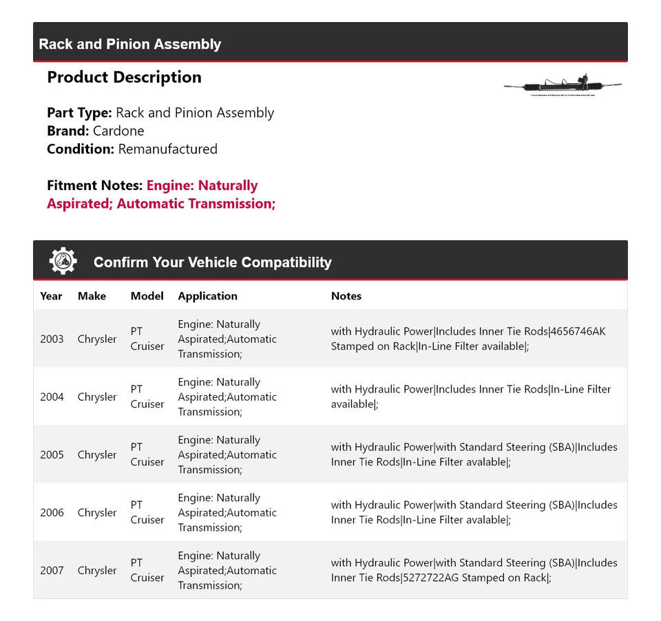 Para Chrysler PT Cruiser 2003-2007 cremallera y piñón cardone 2004 2005 2006 Foto 2 de 4