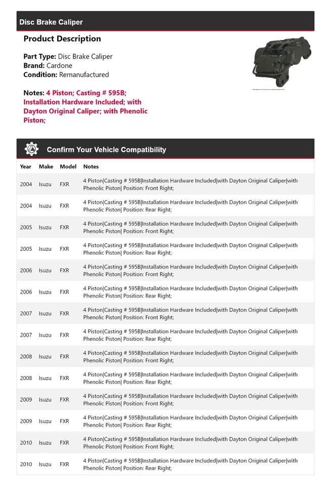 For 2004-2010 Isuzu FXR Disc Brake Caliper Cardone 2005 2006 2007 2008 2009 - Image 2 of 4