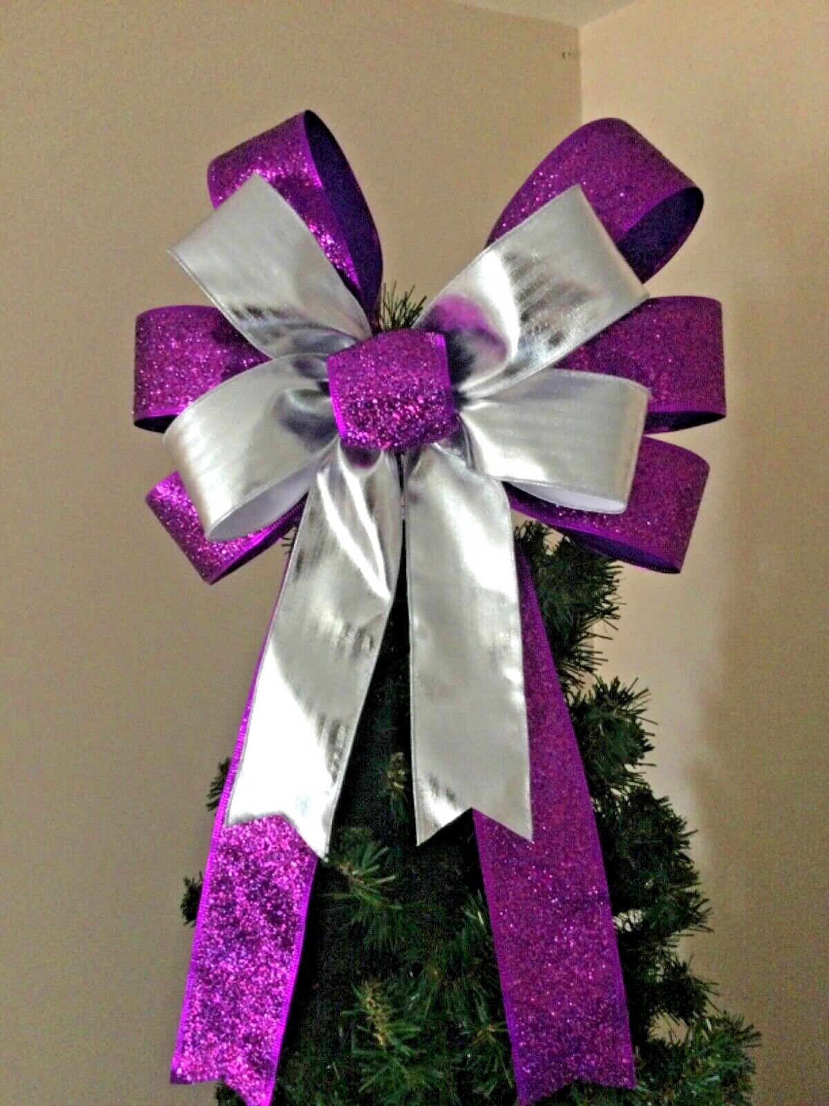 Large Luxury Purple Silver handmade Christmas wired ribbon Bow tree