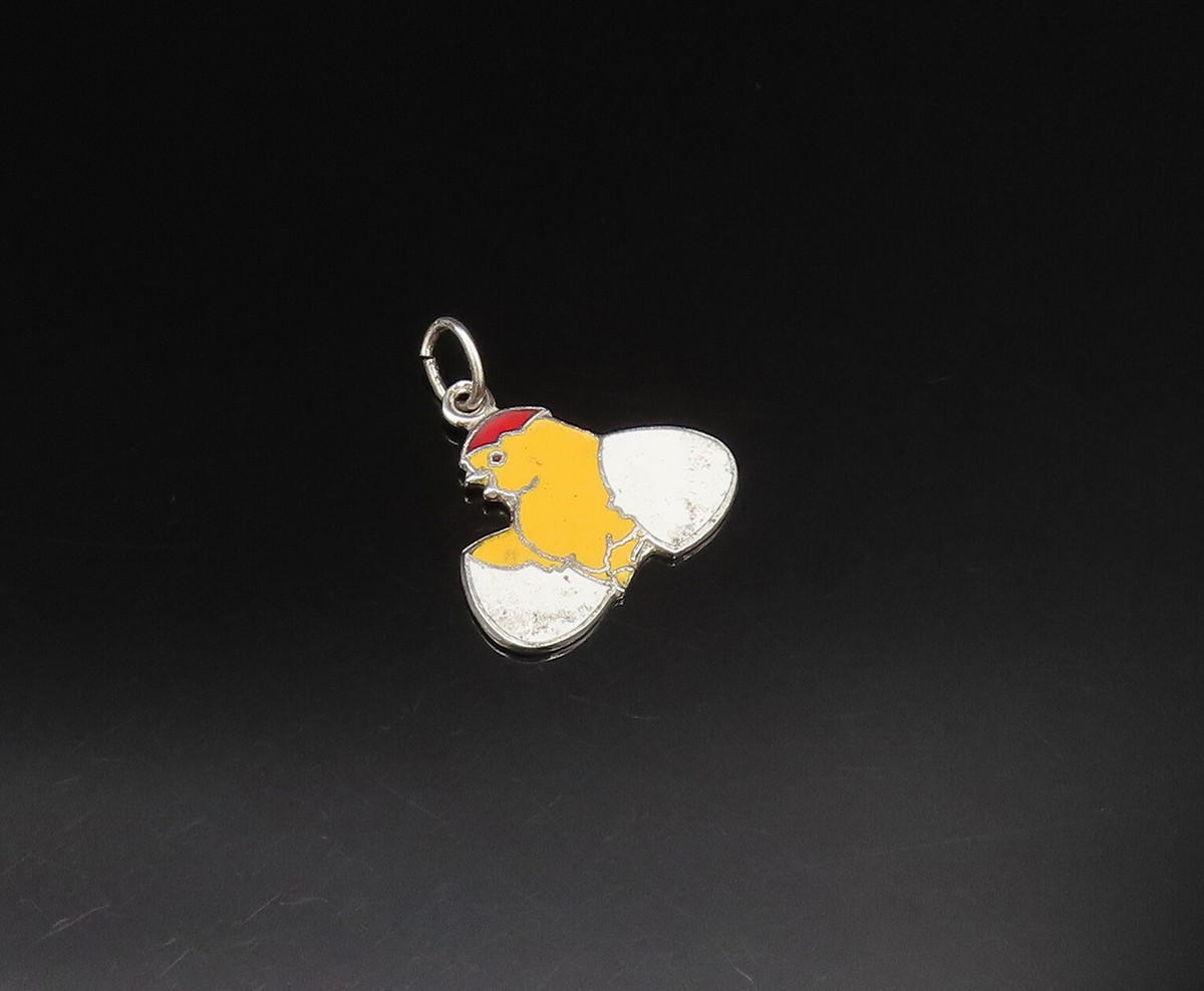 925 Sterling Silver  Vintage Enamel Chick Hatching From Egg Pendant  PT21213 View 2
