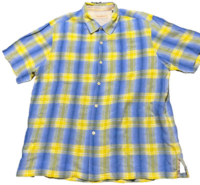 Tommy Bahama Hawaiian Shirt Mens XL Multicolor Linen Plaid Short Sleeve Casual
