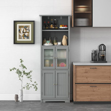 Kitchen Cabinet Tall Freestanding Adjustable Shelves Glass Door Storage Grey