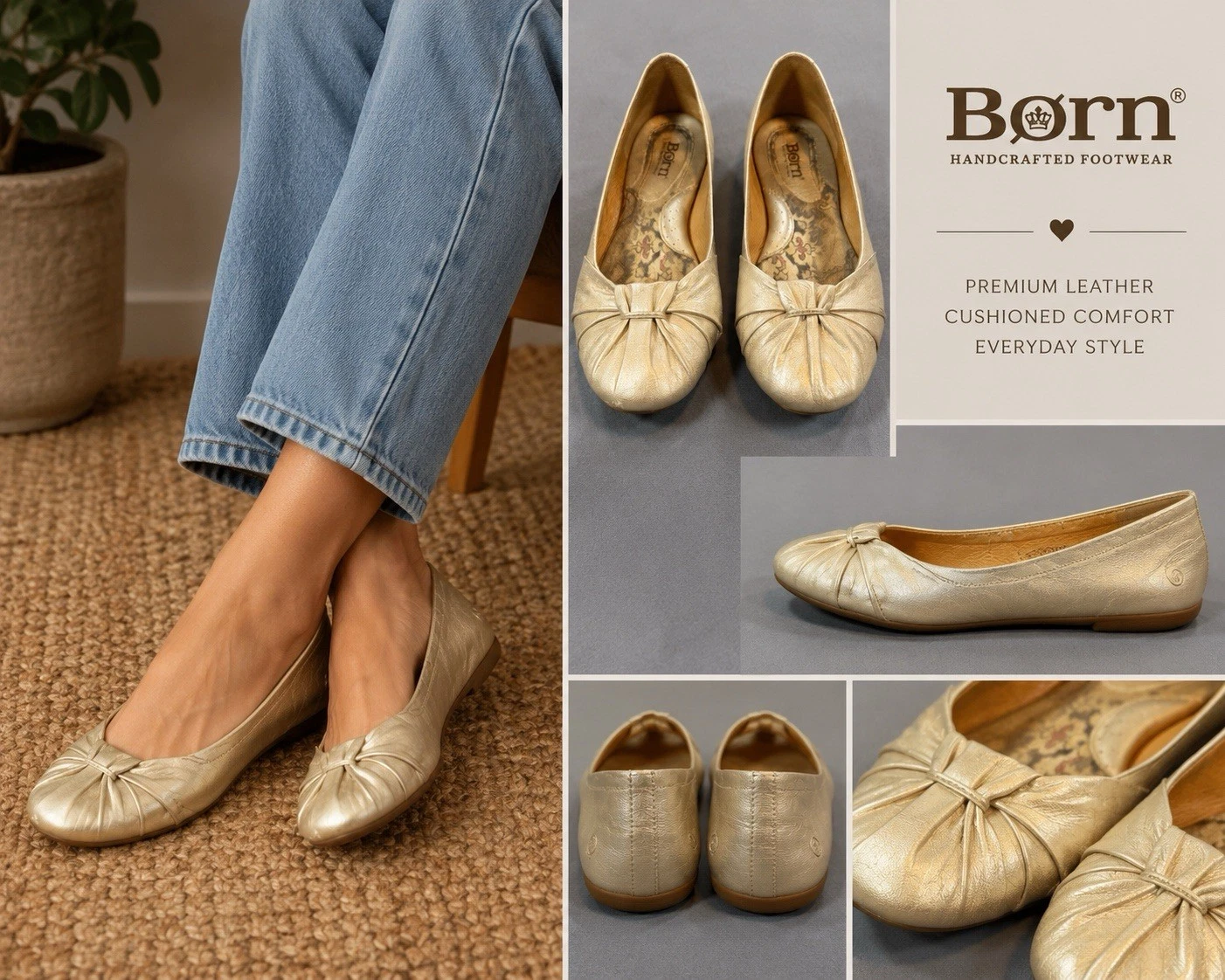 Born Gold Metallic Leather Ballet Flats Womens 8.5 Comfort Slip On Shoes