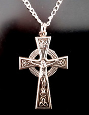 Jesus Christ Cross Necklace Pendant Christian Crucifix Silver + Chain Celtic
