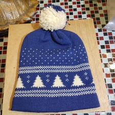 Vtg 70's 80's WOOL Knit Ski Winter Beanie Blue Cap Pom Pom Blue Christmas Trees