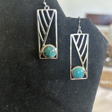 New Long Rectangle .925 Sterling Silver Turquoise Dangle Hook Earrings