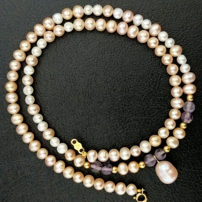 #ad Genuine pearls Akoya pearls and amethyst 14K GF stamp necklace in excell #1 $137.99