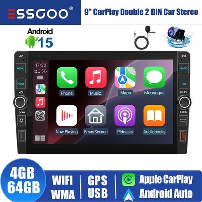 9 Inch 2 DIN Car Stereo Radio 64GB Android 15.0 Carplay GPS Navi WIFI BT MIC+AHD