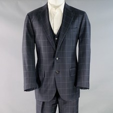 POLO by RALPH LAUREN Size 40 Regular Navy Grey Checkered Wool 3 Piece Suit