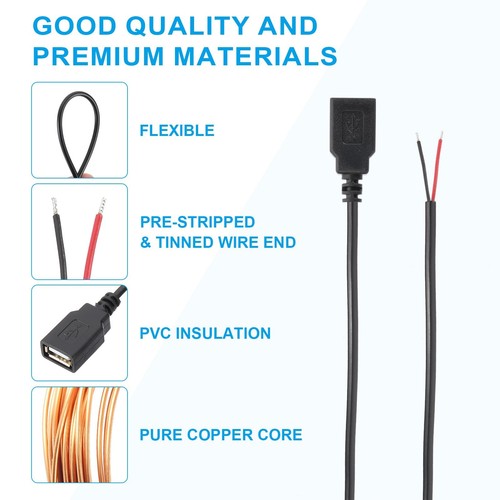 1 Fuß USB 2.0 Buchse auf 2 Pin Blanker Draht Zopf Kabel 3 Stück 22 AWG Netzkabel Ex... - Bild 3 von 5