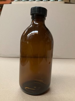 RUNDE BERNSTEINFARBENE GLAS MEDIZINFLASCHEN - SIROP - & SCHWARZE VERSCHLÜSSE