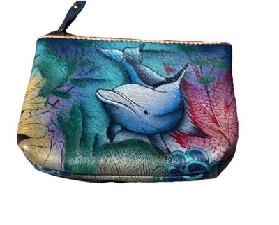 Anuschka Hand Painted Leather Coin Key Purse Top Zipper Dolphin Oceanic Theme