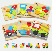 Wooden Puzzles for Boys Girls Age 1 2 3, 6 Pack Montessori Vehicle Toys, Educ...