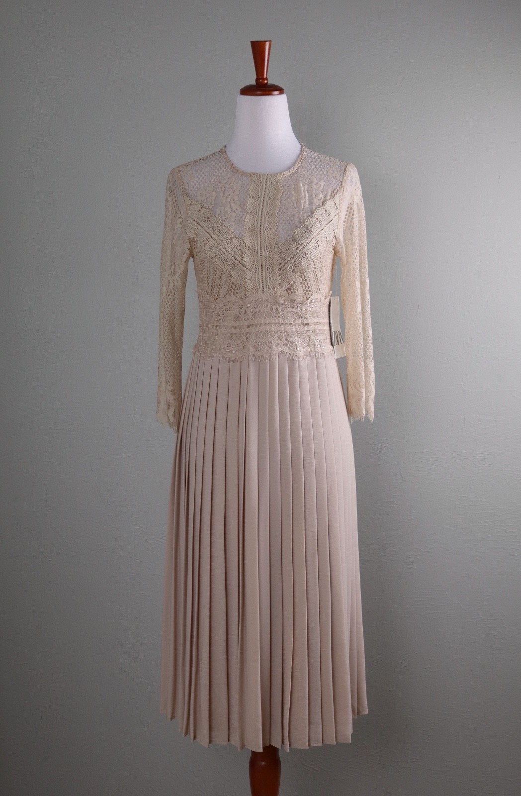 ZARA NWT $69 Beige Lace Gorgeous Sheer Trim Pleated Swing Dress Size XS